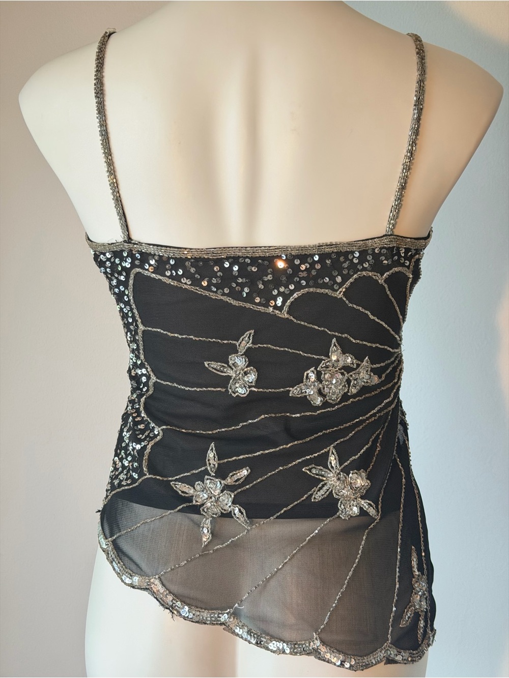 Y2K Black Sequin & Silver Embellished Butterfly & Floral Camisole - Picture 4 of 8
